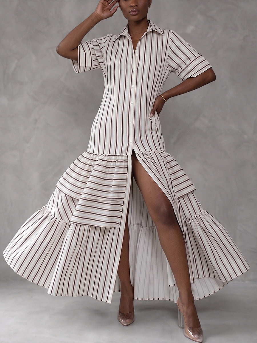 Half Sleeves Loose Buttoned Contrast Color Pleated Split-Joint Striped Lapel Maxi Dresses Shirt Dress