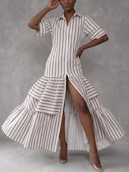 Half Sleeves Loose Buttoned Contrast Color Pleated Split-Joint Striped Lapel Maxi Dresses Shirt Dress