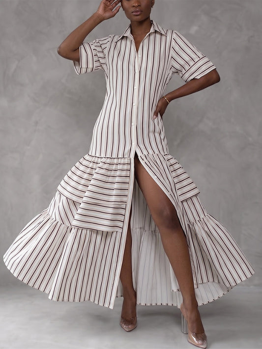 Half Sleeves Loose Buttoned Contrast Color Pleated Split-Joint Striped Lapel Maxi Dresses Shirt Dress