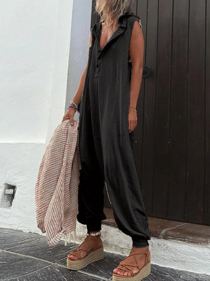 Hooded Loose Buttoned Solid Color V-neck Jumpsuits