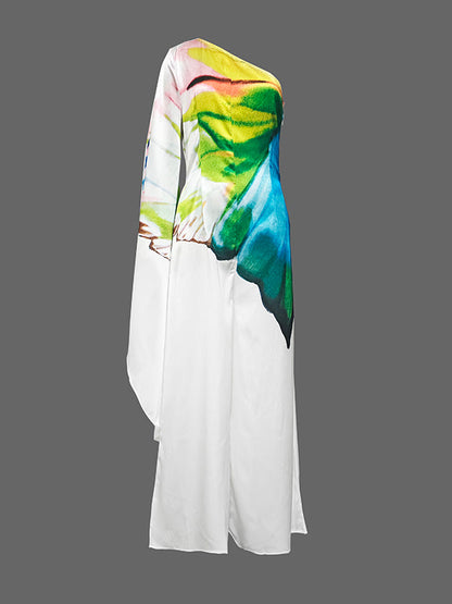 Long Sleeves Loose Flower Print Pleated Pockets One-shoulder Jumpsuits