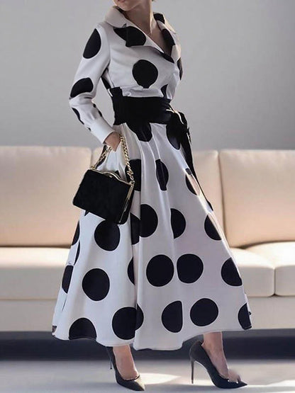 A-Line Long Sleeves Pockets Polka-Dot Tied Waist Notched Collar Maxi Dresses