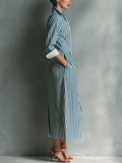 High Waisted Long Sleeves Buttoned Contrast Color Pockets Split-Joint Striped Lapel Midi Dresses