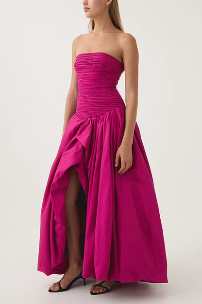 Strapless Ruched Puff Maxi Dress