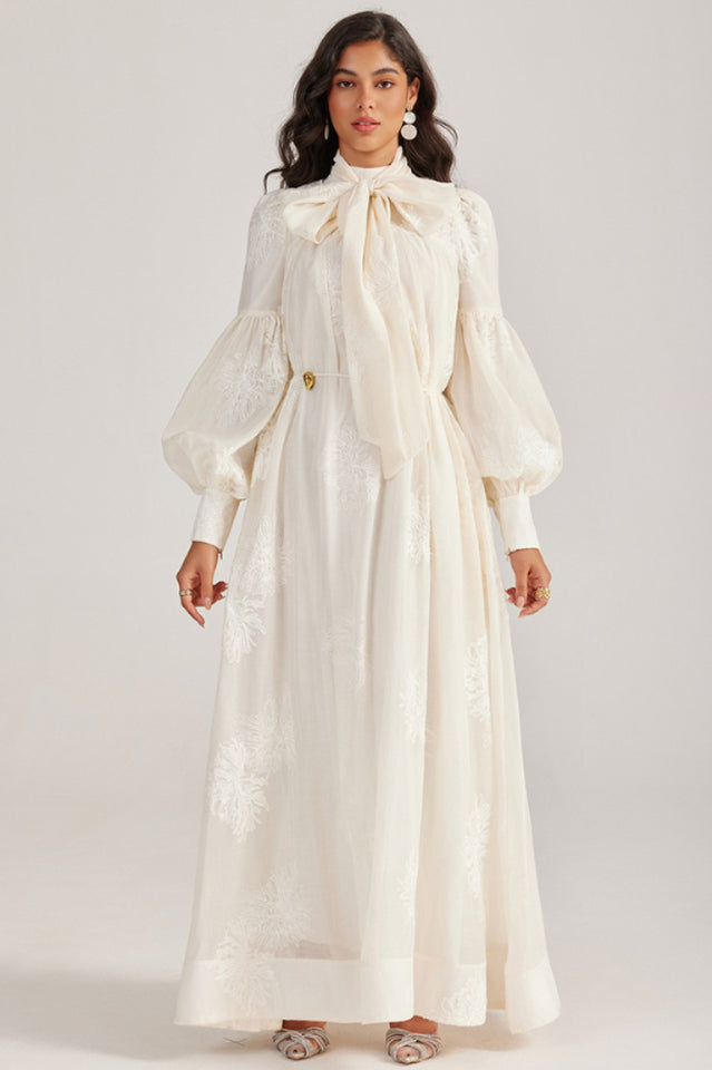 Embroidered Lace-Up Maxi Dress