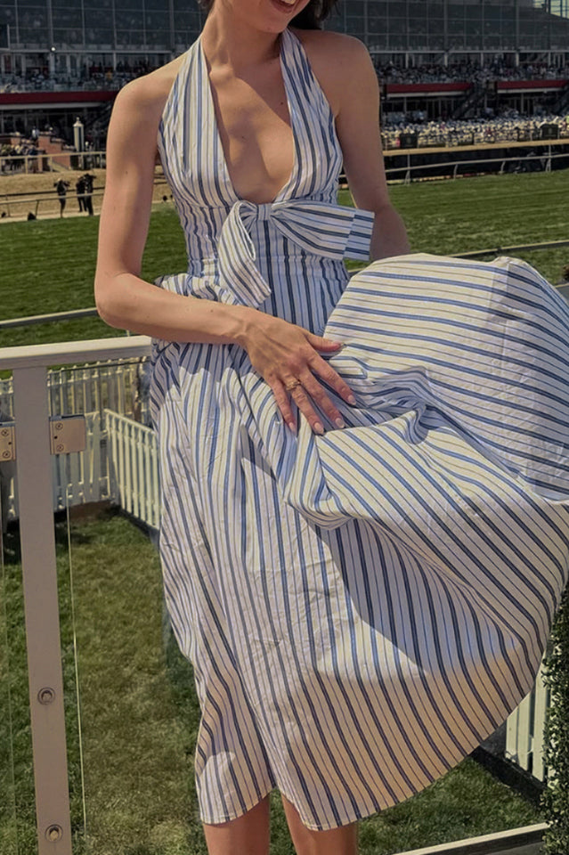 Mackenna Stripe Halter Smock Back Dress