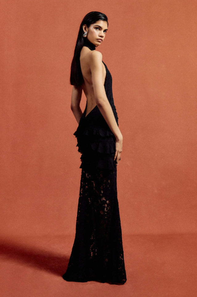 Dario Flower Plunge Lace Maxi Dress