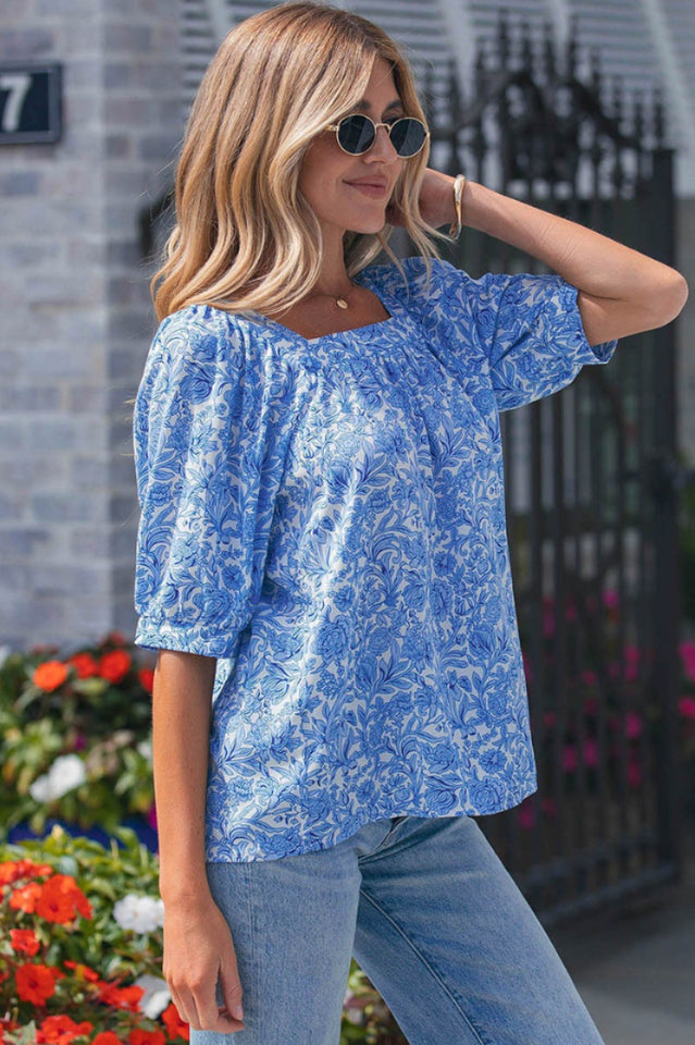 Floral Square Neck Puff Sleeve Blouse