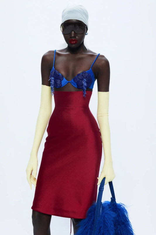 Beaded Applique Lace Up Midi Dress