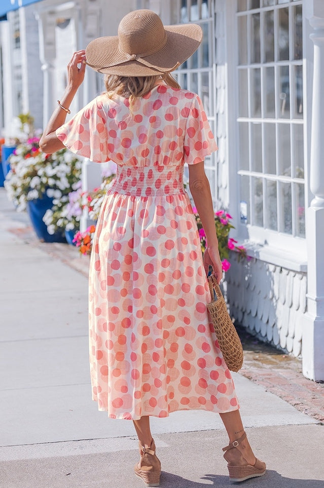 Pink Polka Dot Smocked Waist Midi Dress