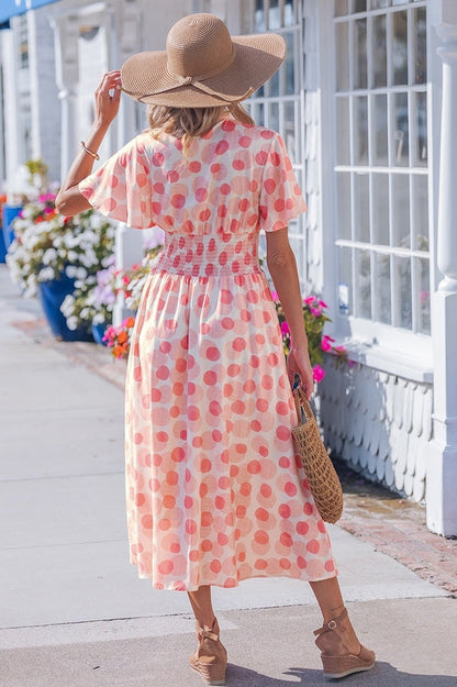 Pink Polka Dot Smocked Waist Midi Dress