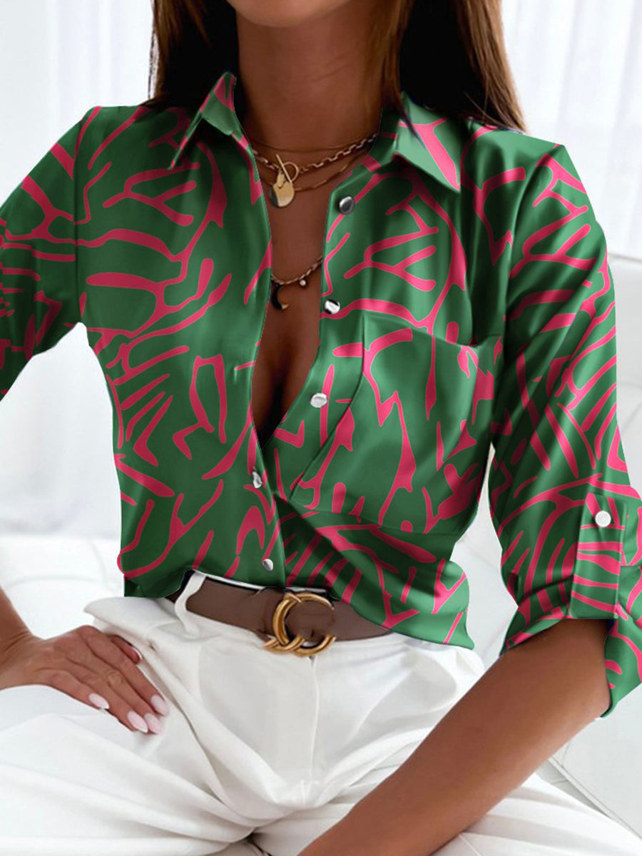 Printed Pockets Contrast Color Buttoned Long Sleeves Lapel Blouses&shirts Tops