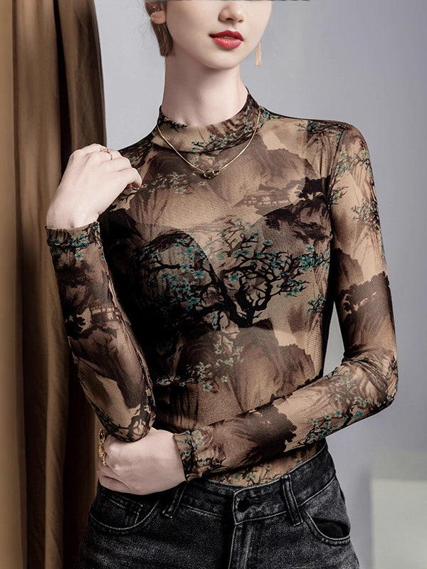 Long Sleeves Plus Size Asymmetric Mesh See-Through Split-Joint Round-Neck T-Shirts Tops