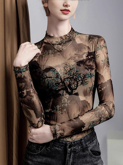 Long Sleeves Plus Size Asymmetric Mesh See-Through Split-Joint Round-Neck T-Shirts Tops