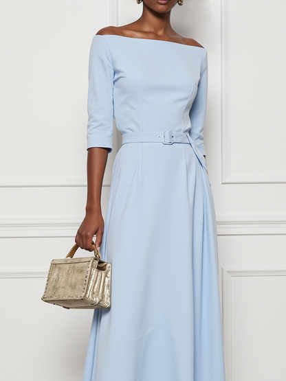 A-Line Half Sleeves Belted Solid Color Off-The-Shoulder Maxi Dresses