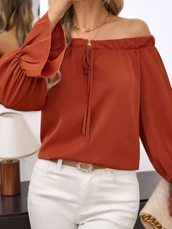 Flared Sleeves Long Sleeves Drawstring Elasticity Pleated Solid Color Off-the-shoulder Blouses&shirts Tops