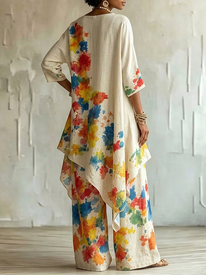 High Waisted Wide Leg Colorful Contrast Color Pockets Printed Pants Trousers