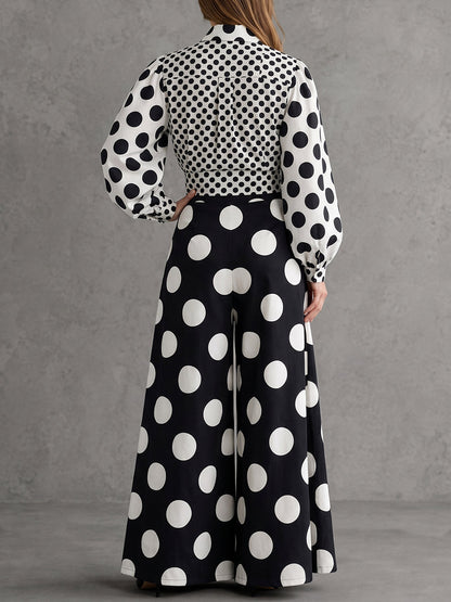 High Waisted Loose Contrast Color Pleated Pockets Polka Dot Split-Joint Pants Trousers