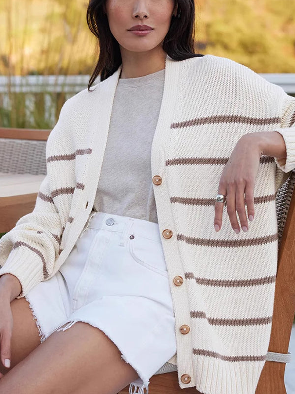 Long Sleeves Loose Split-Joint Striped V-Neck Cardigan Tops