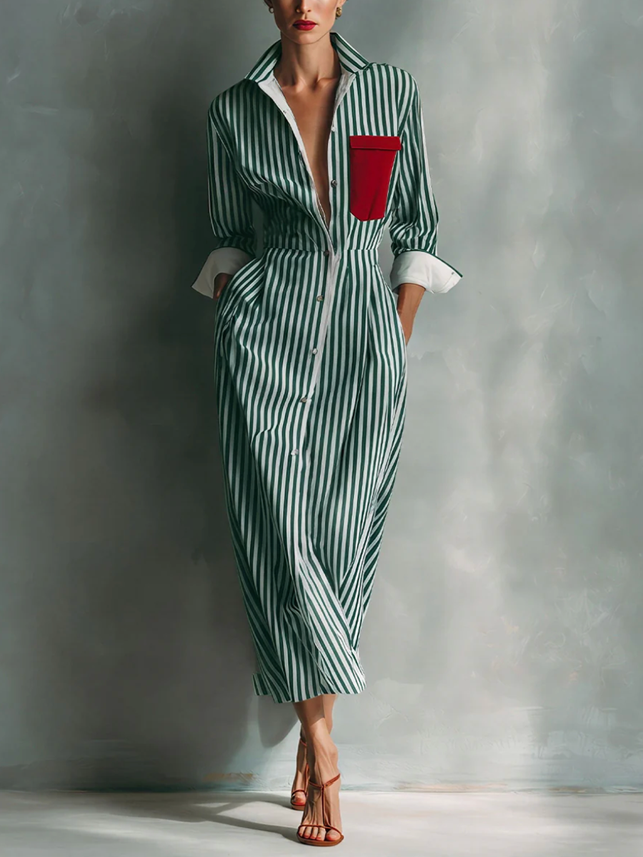 High Waisted Long Sleeves Buttoned Contrast Color Pockets Split-Joint Striped Lapel Midi Dresses