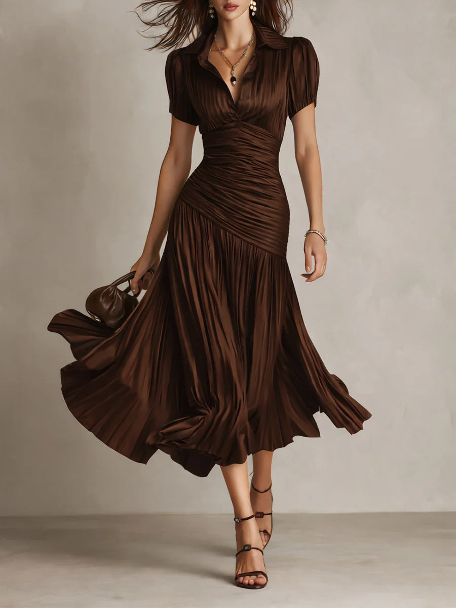 Striped Split-Joint Solid Color Pleated Short Sleeves High Waisted Lapel Maxi Dresses