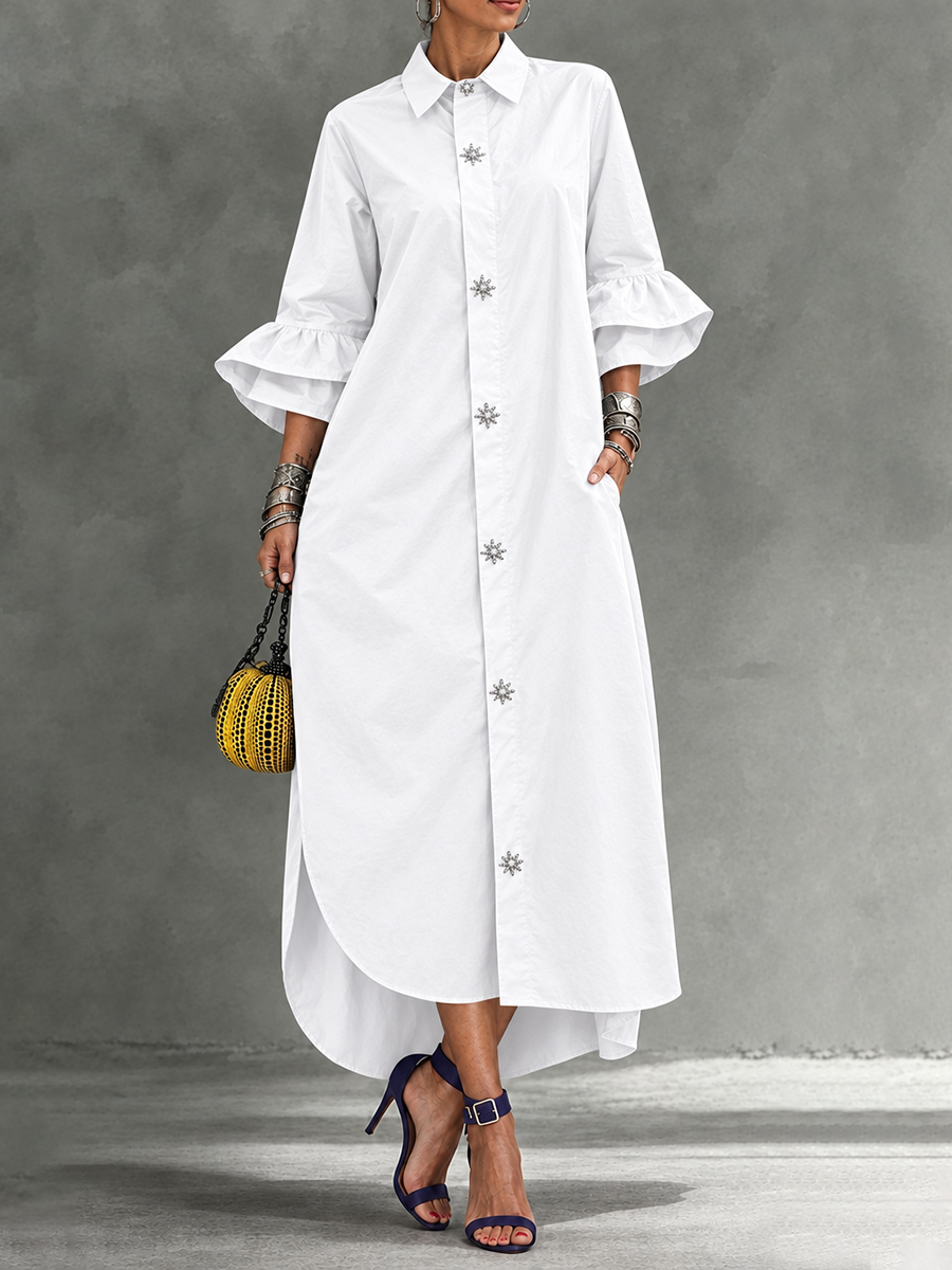 Split-side Solid Color Buttoned Three-quarter Sleeves Ruffle Sleeves Lapel Maxi Dresses