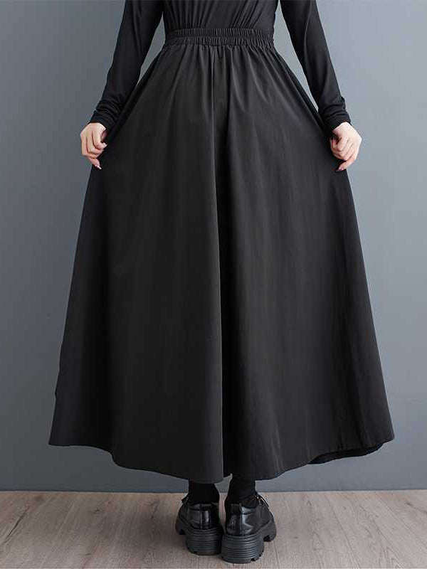A-Line Loose Elasticity Pleated Pockets Solid Color Split-Joint Skirts Bottoms