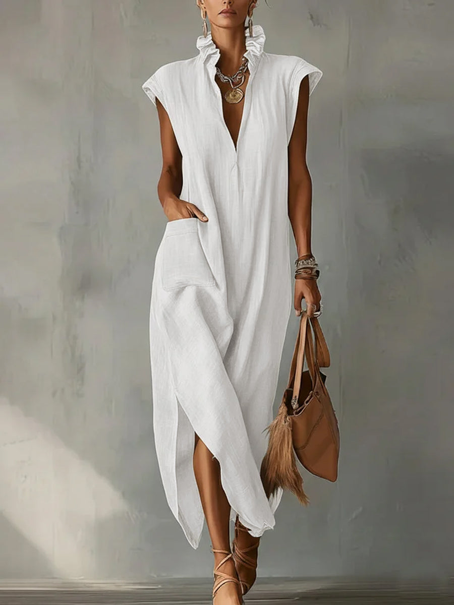 Loose Sleeveless Pockets Ruffled Solid Color Split-Side Stand Collar Maxi Dresses