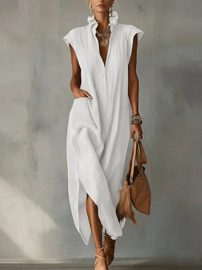 Loose Sleeveless Pockets Ruffled Solid Color Split-Side Stand Collar Maxi Dresses