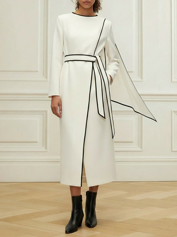 Long Sleeves Minimalist Belted Comfort Contrast Color Round-Neck Midi Dresses