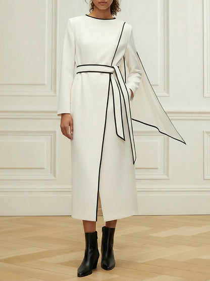 Long Sleeves Minimalist Belted Comfort Contrast Color Round-Neck Midi Dresses
