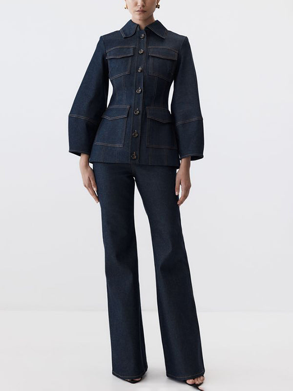 Pantalon en jean taille haute à jambes larges et poches de couleur unie 