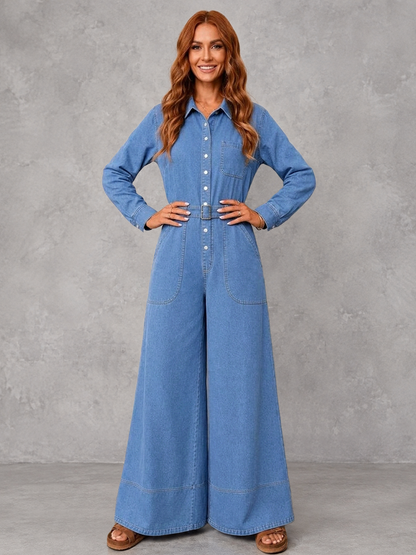 Split-Joint Solid Color Pockets Buttoned Belted Wide Leg Long Sleeves Lapel Jumpsuits