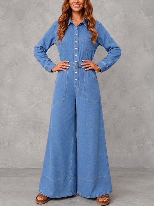 Split-Joint Solid Color Pockets Buttoned Belted Wide Leg Long Sleeves Lapel Jumpsuits