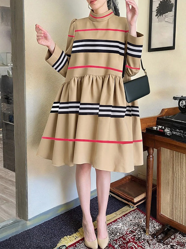 A-Line High Waisted Contrast Color Pleated Striped Mock Neck Midi Dresses