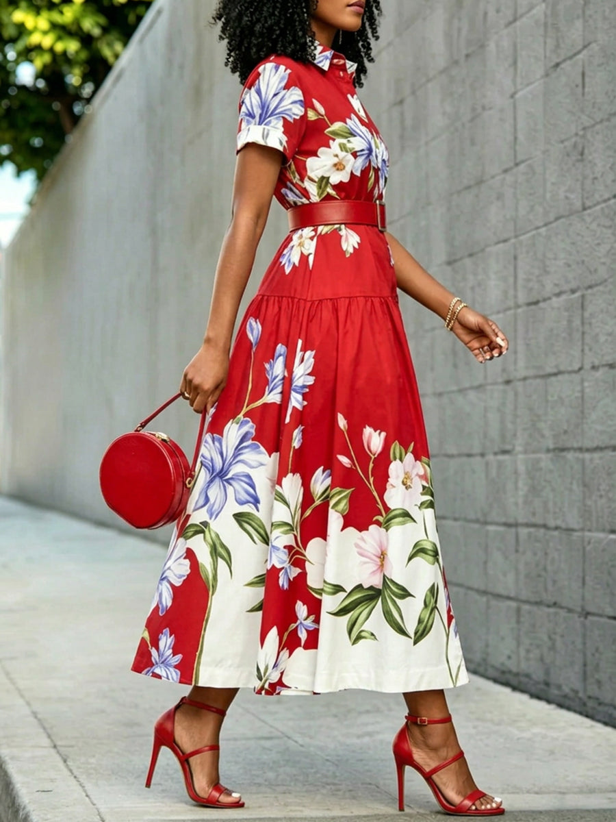High Waisted Loose Buttoned Contrast Color Flower Print No Belt Pleated Split-Joint Lapel Midi Dresses Shirt Dress