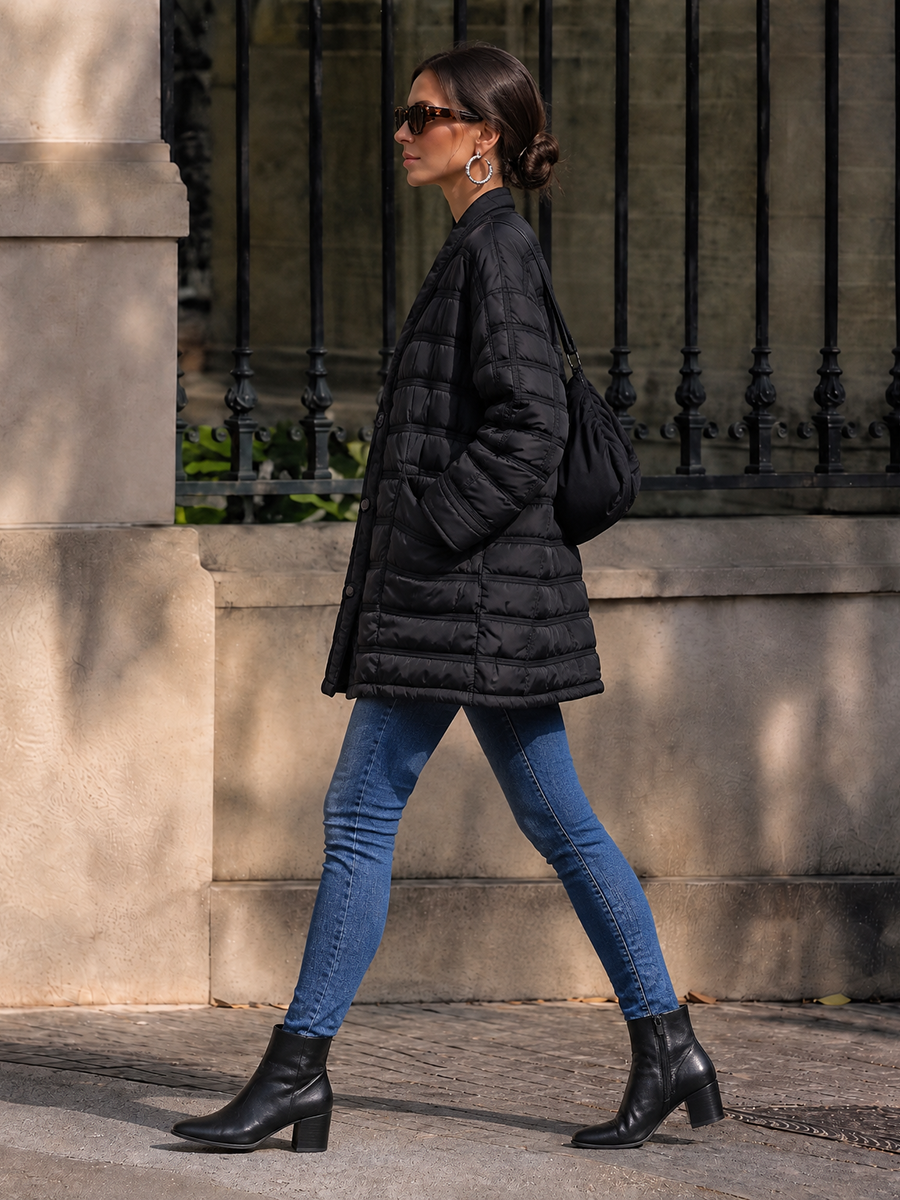 Striped Split-Joint Pockets Pleated Buttoned Loose Long Sleeves V-neck Outerwear Down Coat