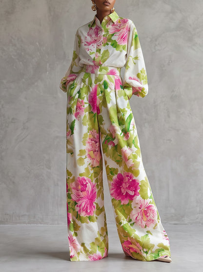 Flower Print Contrast Color Buttoned Loose Long Sleeves Lapel Blouses&shirts Tops