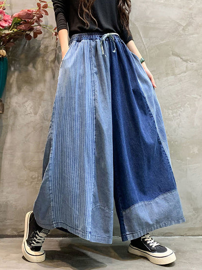 Loose  Drawstring Elasticity Plaid Split-Joint Ninth Jean Pants Bottoms