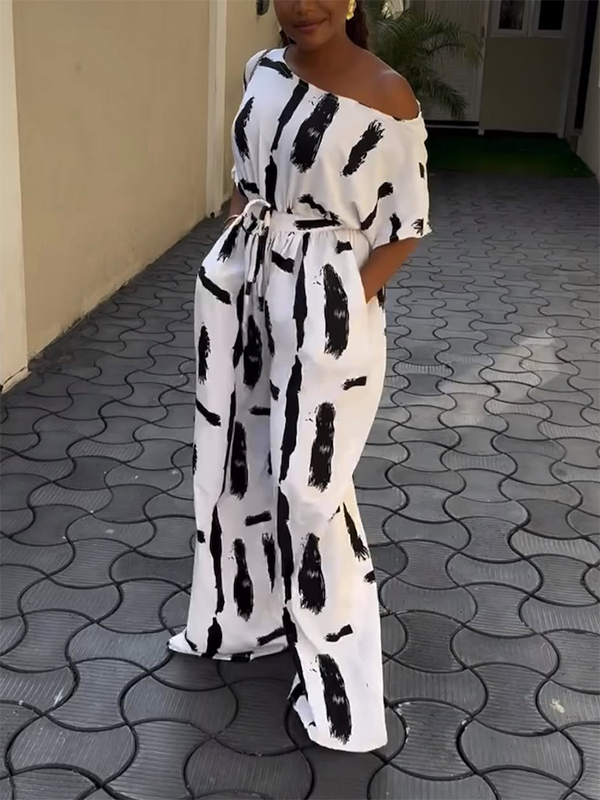 Half Sleeves Loose Printed Striped Tied Waist One-Shoulder Jumpsuits