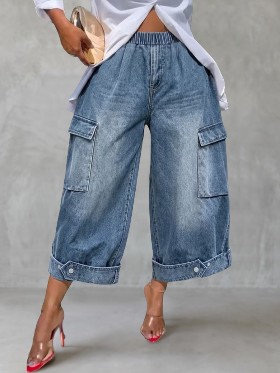 Solid Color Pockets Elasticity Buttoned Wide Leg Loose Jean Pants Bottoms Cropped Trousers