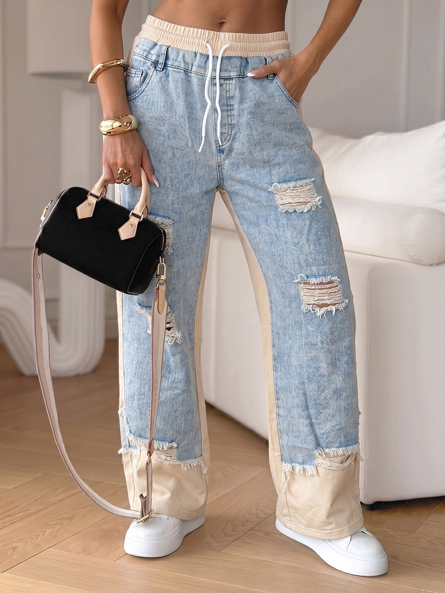 High Waisted Plus Size Contrast Color Drawstring Elasticity Hollow Split-Joint Jean Pants Bottoms