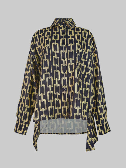 High-Low Long Sleeves Printed Split-Joint Blouses