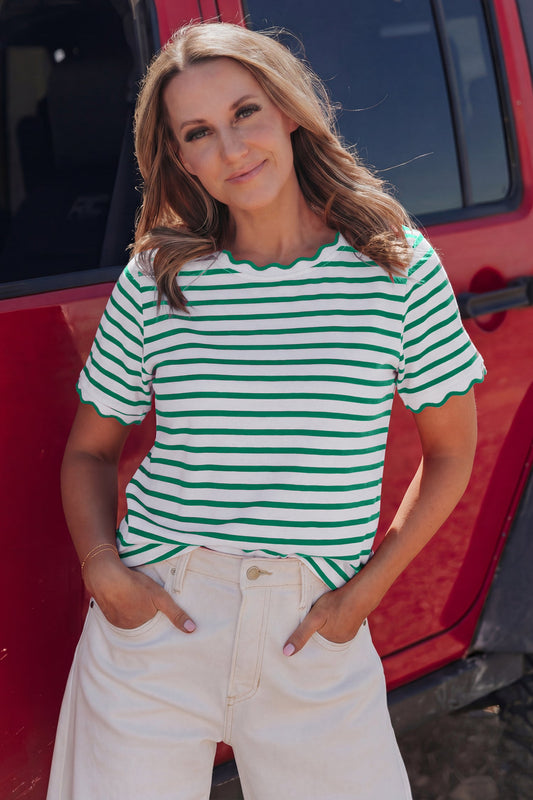 Green Stripe Scalloped Trim Round Neck T Shirt