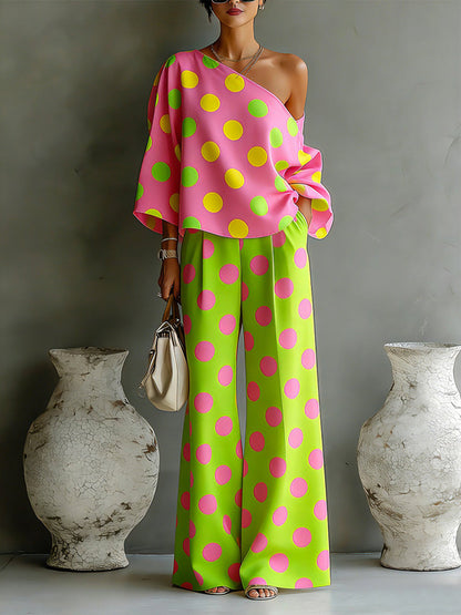 Long Sleeves Loose Asymmetric Polka-Dot One-Shoulder Blouses&Shirts Tops