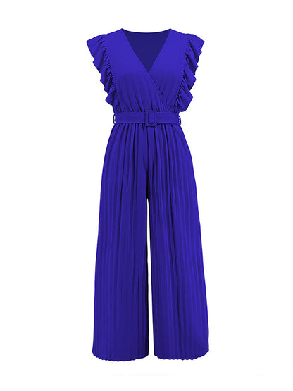 High Waisted Loose Belted Pleated Ruffled Solid Color V-Neck Jumpsuits