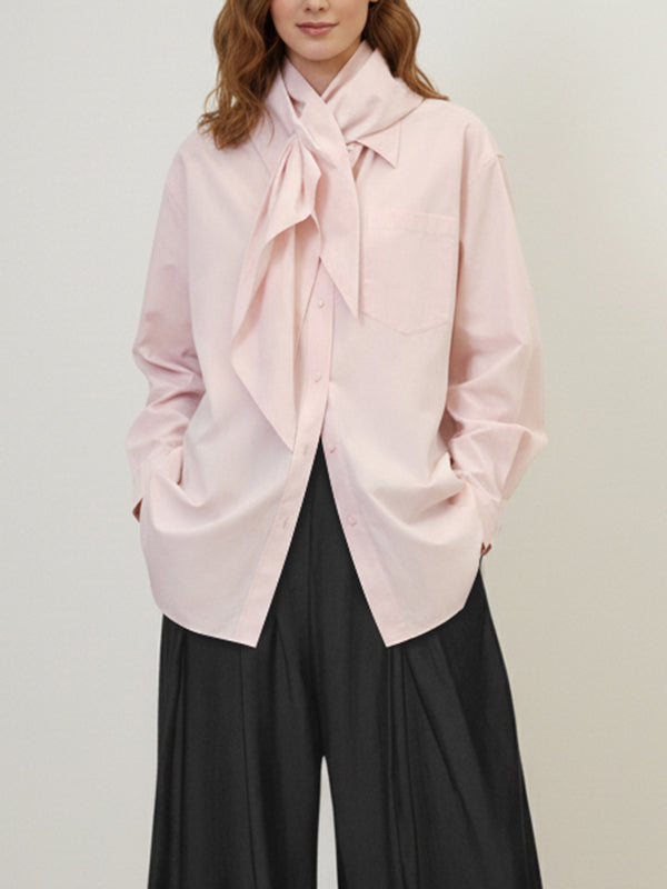 Long Sleeves Loose Buttoned Neckerchief Pockets Solid Color Lapel Blouses&Shirts Tops