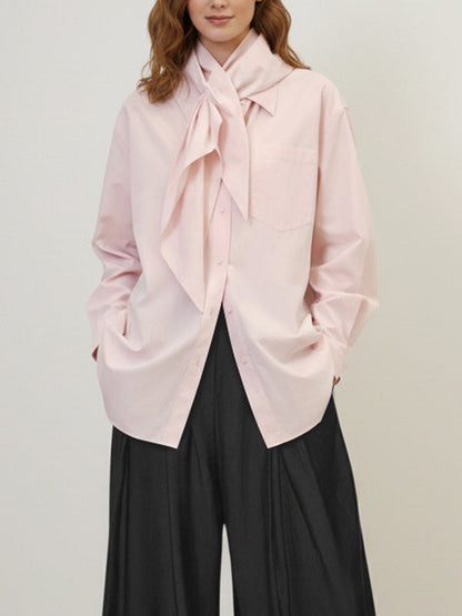 Long Sleeves Loose Buttoned Neckerchief Pockets Solid Color Lapel Blouses&Shirts Tops