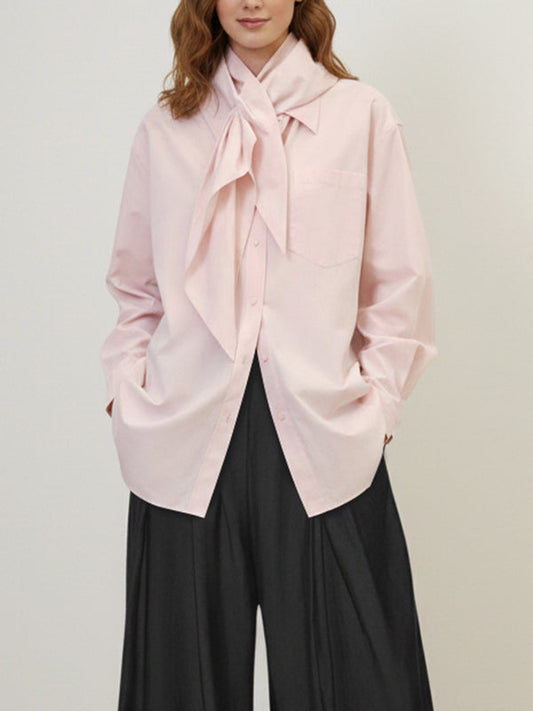 Long Sleeves Loose Buttoned Neckerchief Pockets Solid Color Lapel Blouses&Shirts Tops