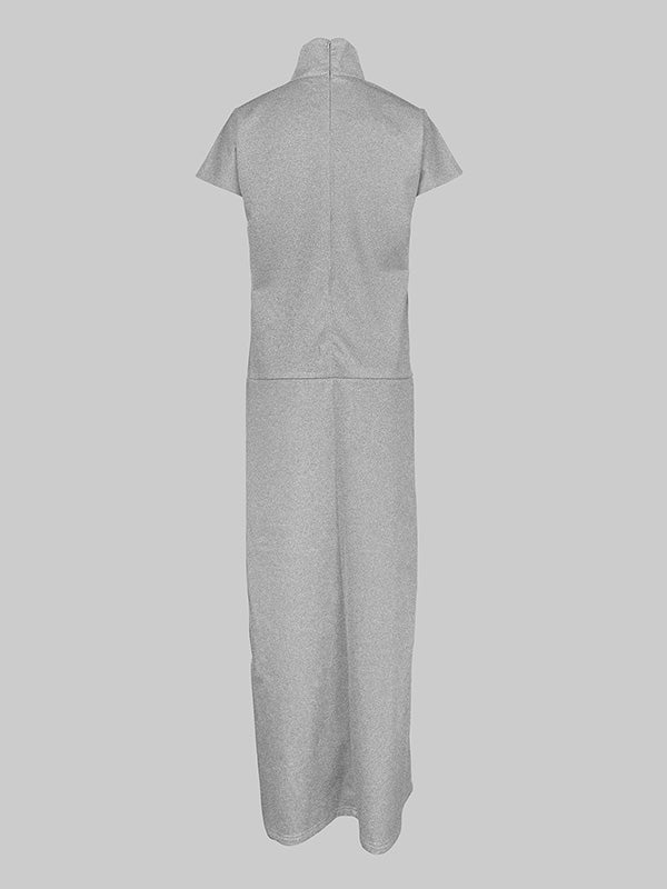Robe longue ample à manches courtes et col montant, couleur unie 